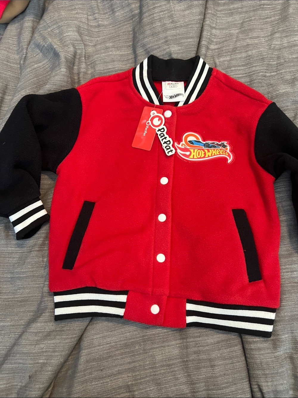PatPat Red & Black Kids Varsity Jacket with Hot Wheels Patch